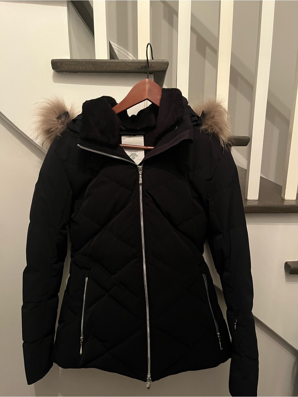 Descente Black Quilted Ski Jacket with Fur-Trim Hood
